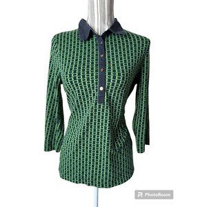 LOFT 3/4 Sleeve Geometric Collard Polo Top Blouse Green Womens Size S